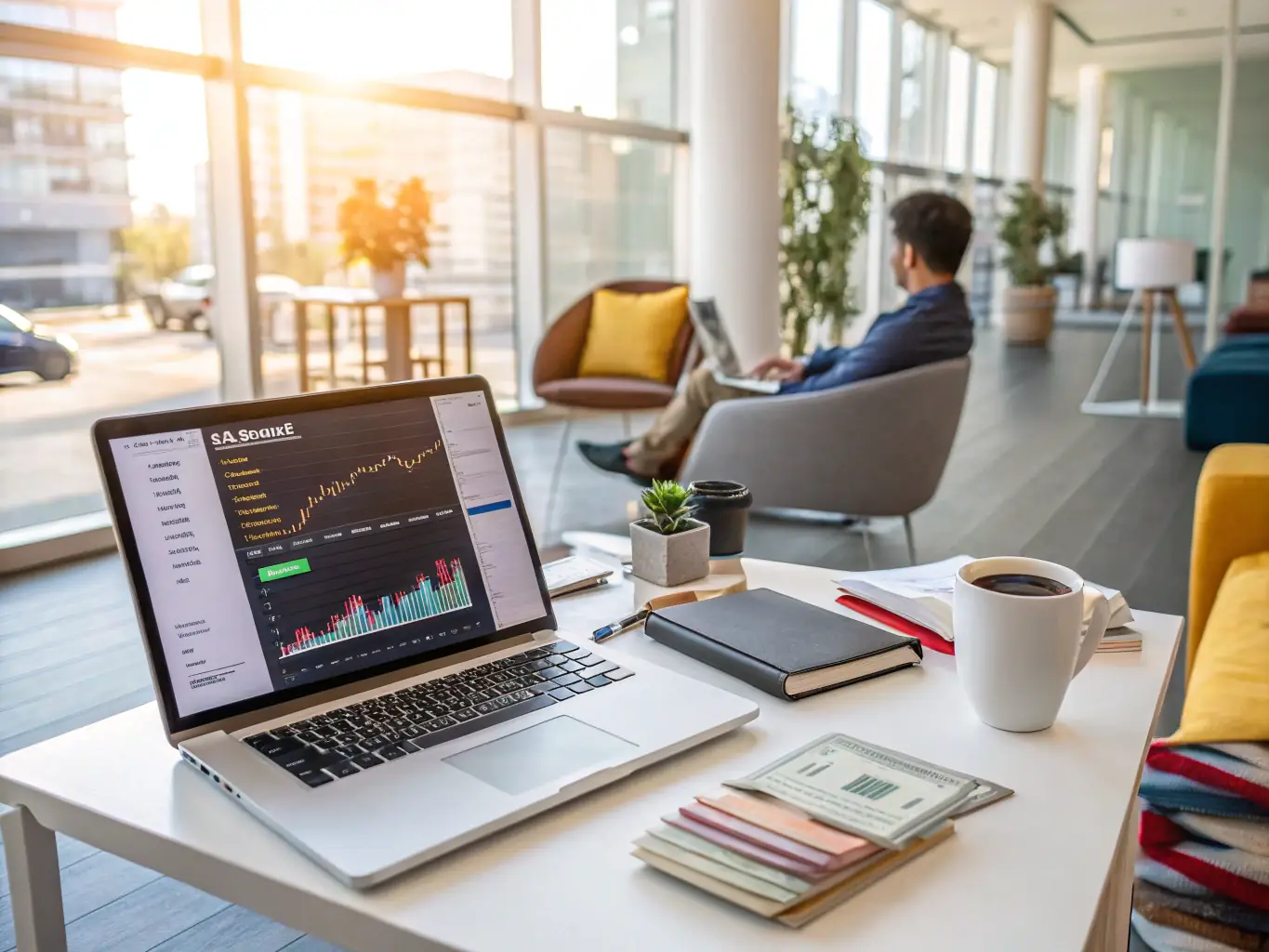 An image depicting a freelancer confidently managing their finances on a laptop, with charts and graphs in the background, symbolizing financial growth and stability.