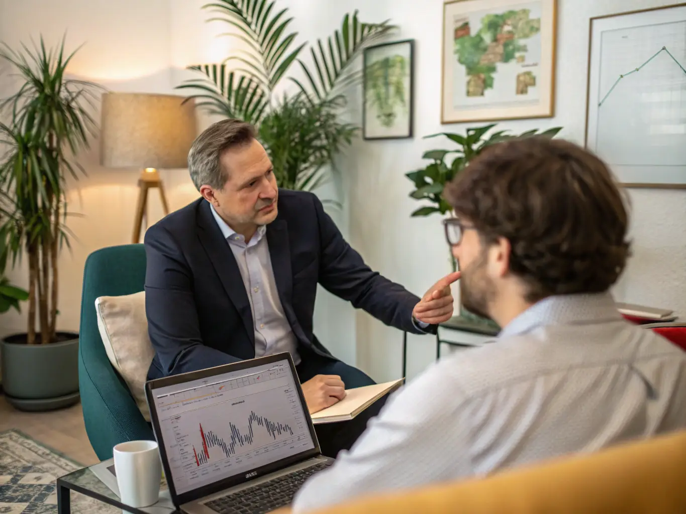 An image of a professional coach discussing financial charts and investment options with a freelancer in a modern office setting, emphasizing a collaborative and supportive environment.