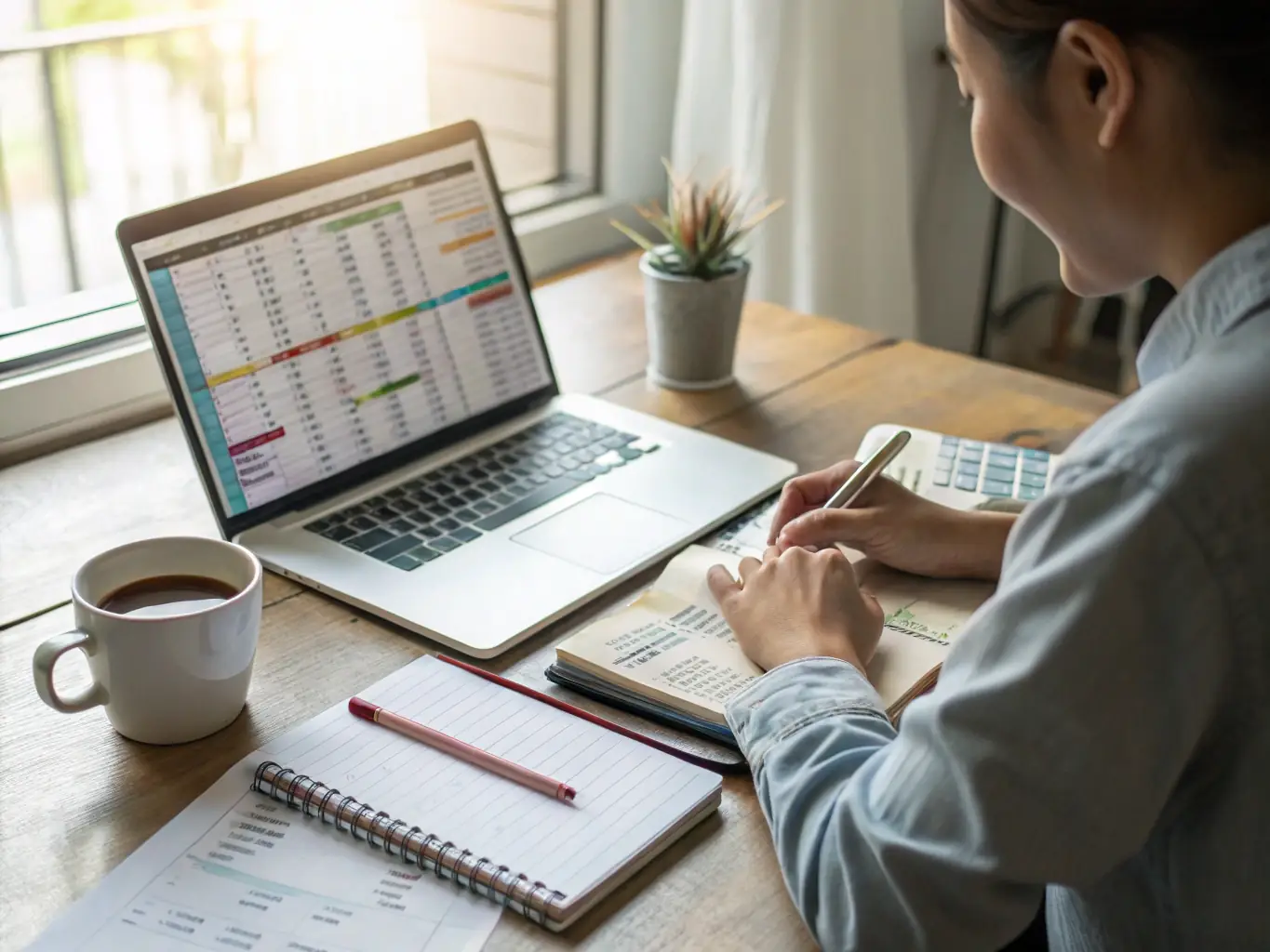 An image showing a freelancer working remotely with a clear view of financial documents and a positive expression, representing work-life balance and financial security.