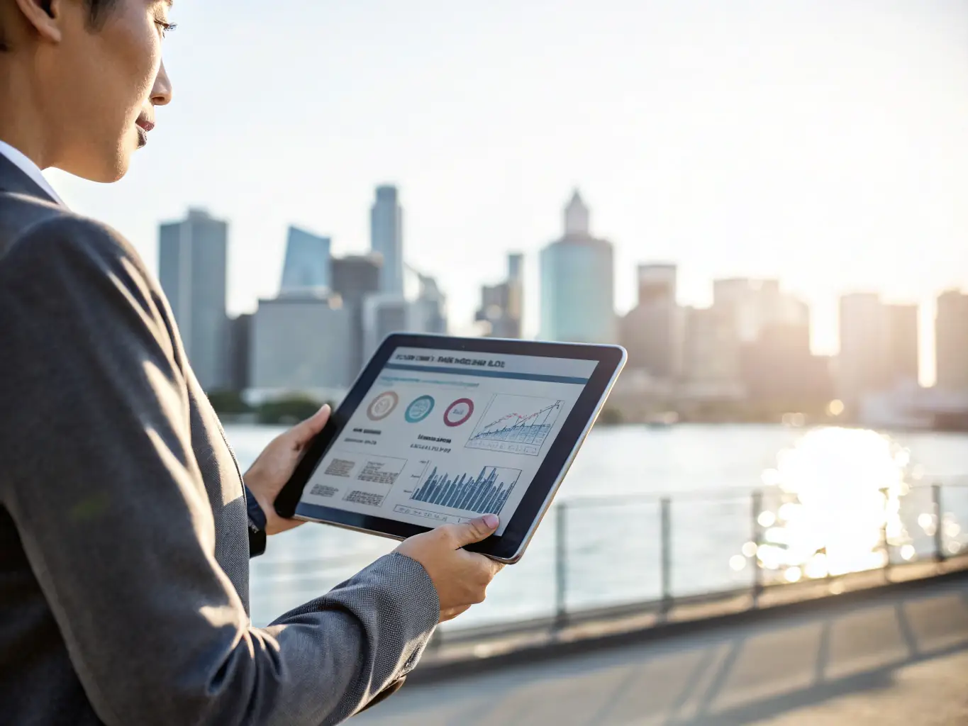A freelancer confidently reviewing investment options on a tablet, with a background showing a cityscape at sunset, symbolising growth and opportunity.