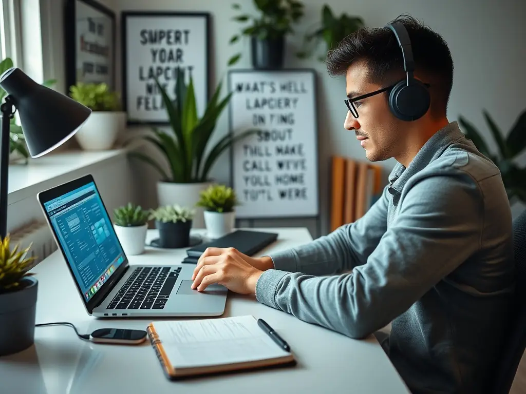A freelancer working on a laptop at a bright, modern desk, reviewing financial charts and graphs with a focused expression. The scene conveys productivity and financial planning.